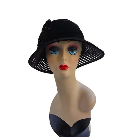 Swan Hat NY Black Velvet ClocheFlapper 1920s Gatsby Beaded Hat